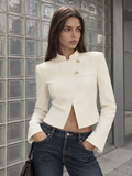Mandarin Collar Asymmetric Button Cropped Blazer