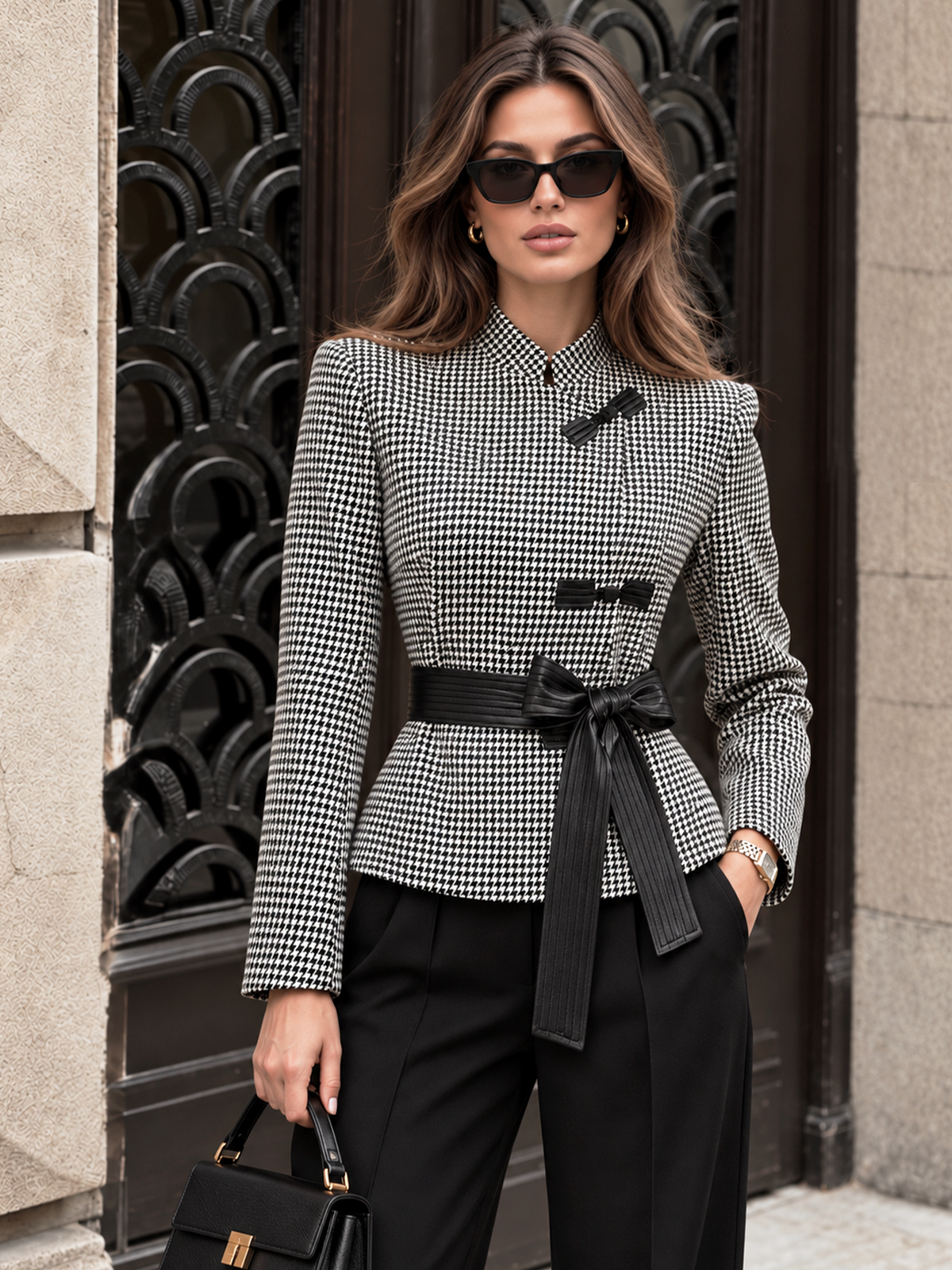 Houndstooth Frog Button Belted Jacket