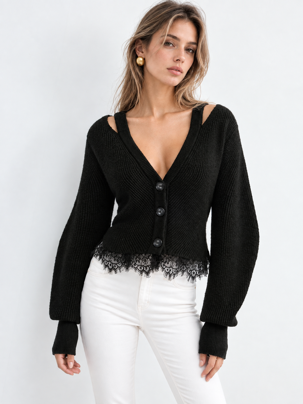 Lace Hem Wool Blend Cardigan