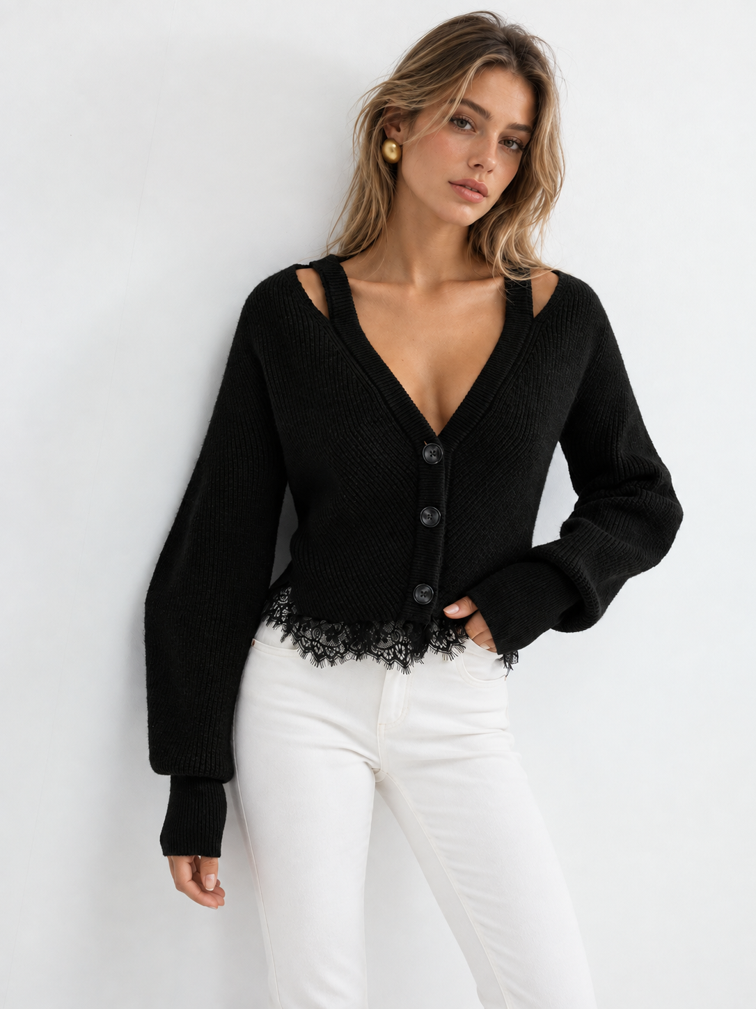 Lace Hem Wool Blend Cardigan