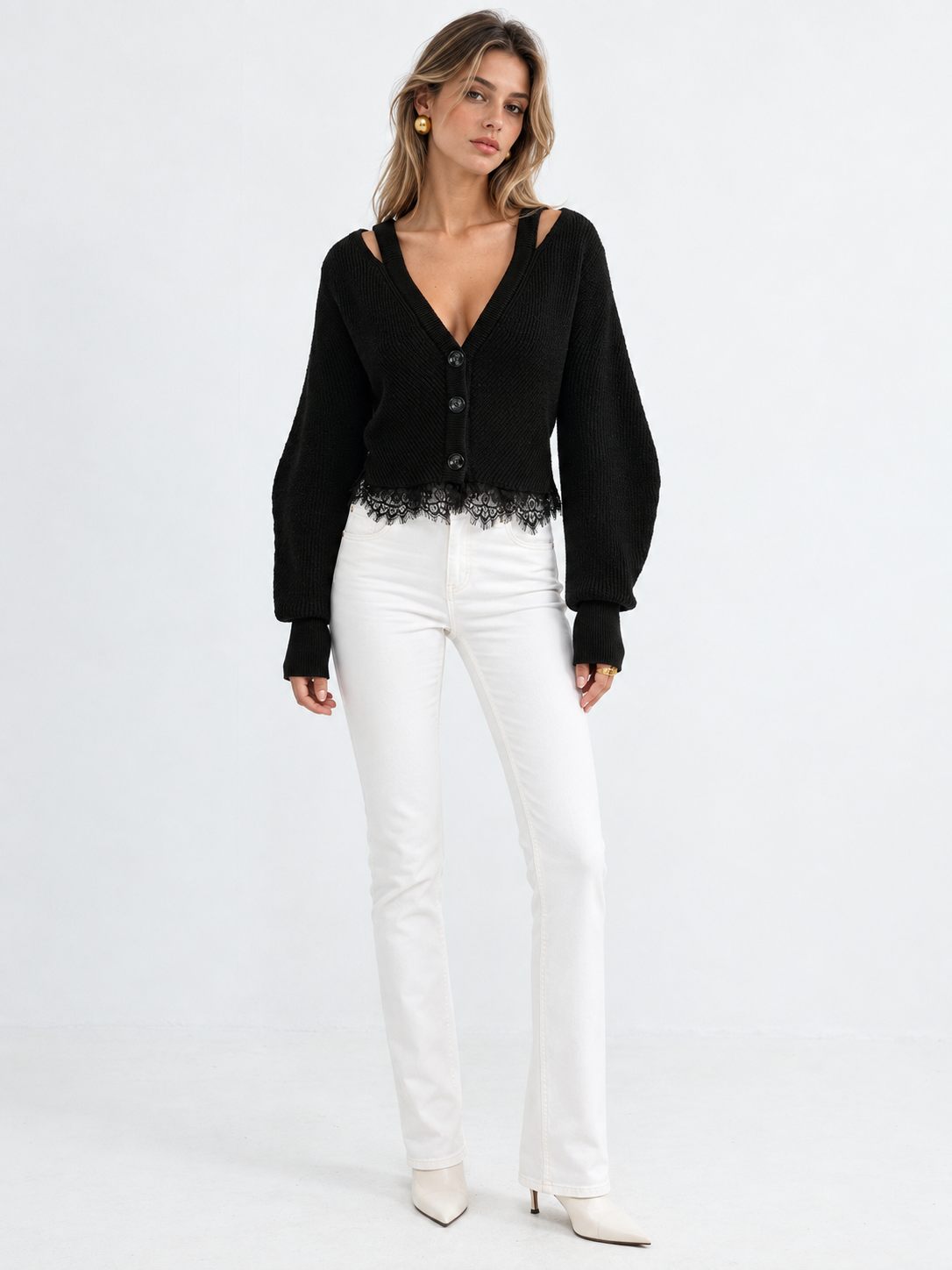 Lace Hem Wool Blend Cardigan