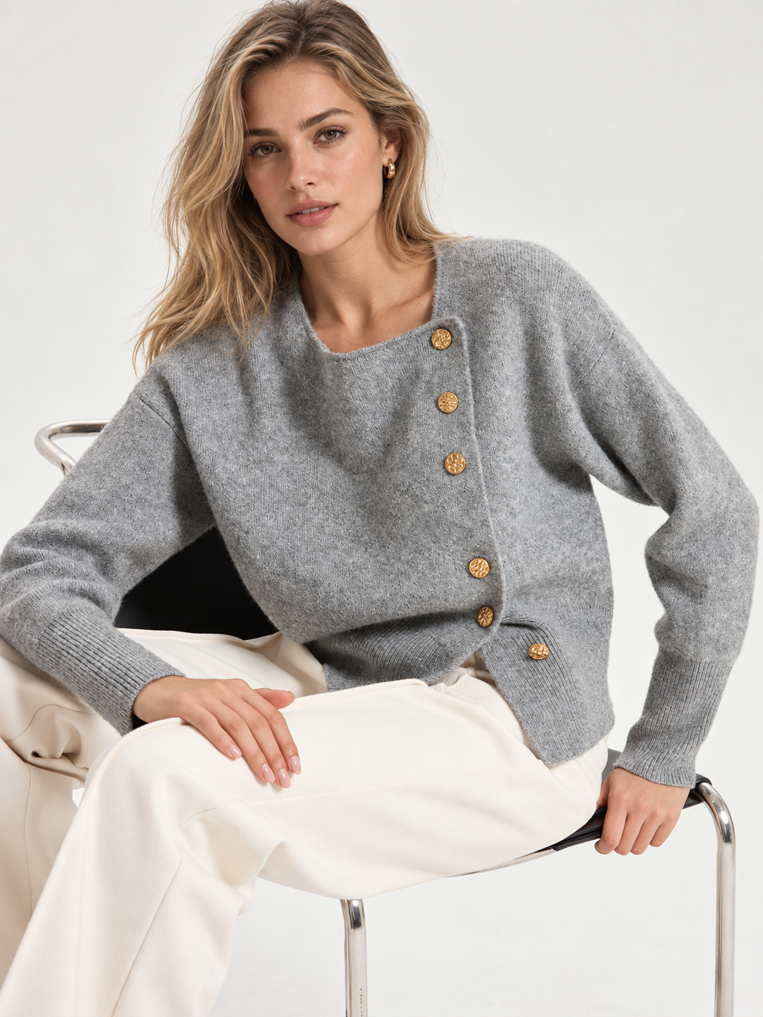 Asymmetric Metal Button Wool-Blend Cardigan