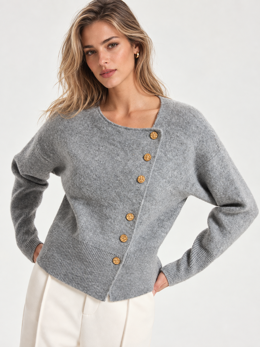 Asymmetric Metal Button Wool-Blend Cardigan