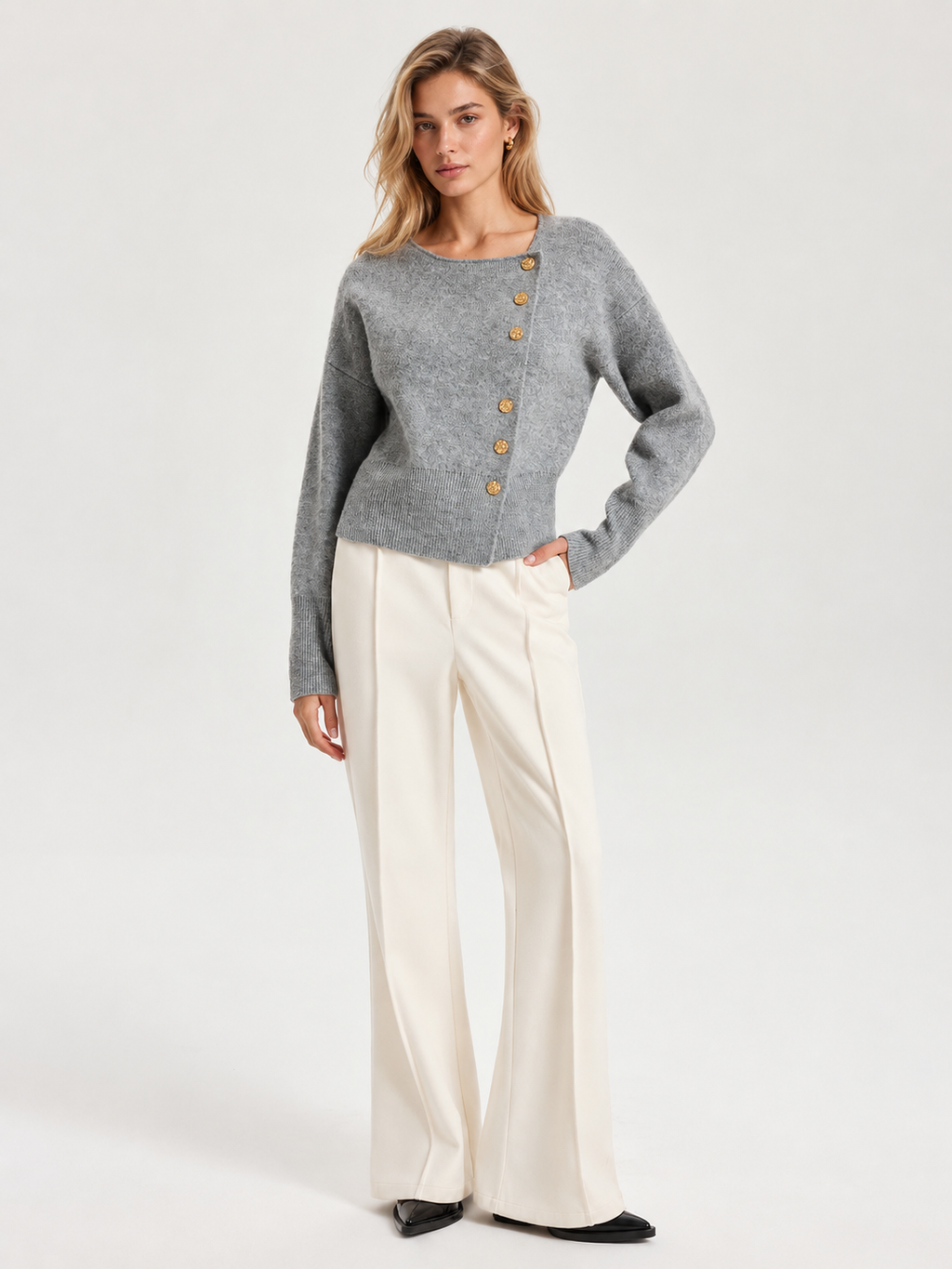 Asymmetric Metal Button Wool-Blend Cardigan