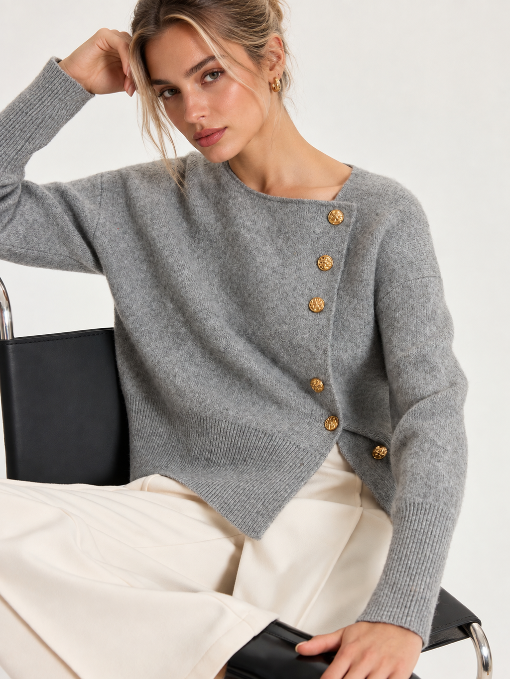 Asymmetric Metal Button Wool-Blend Cardigan