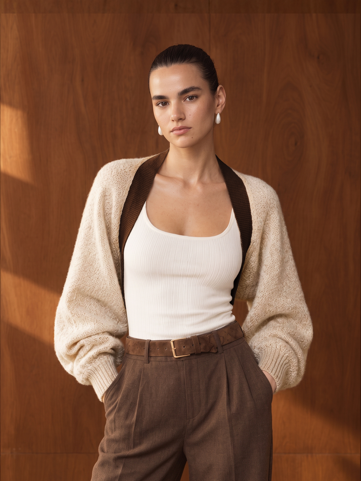 Wool Blend Contrast Trim Loose Knit Open Cardigan