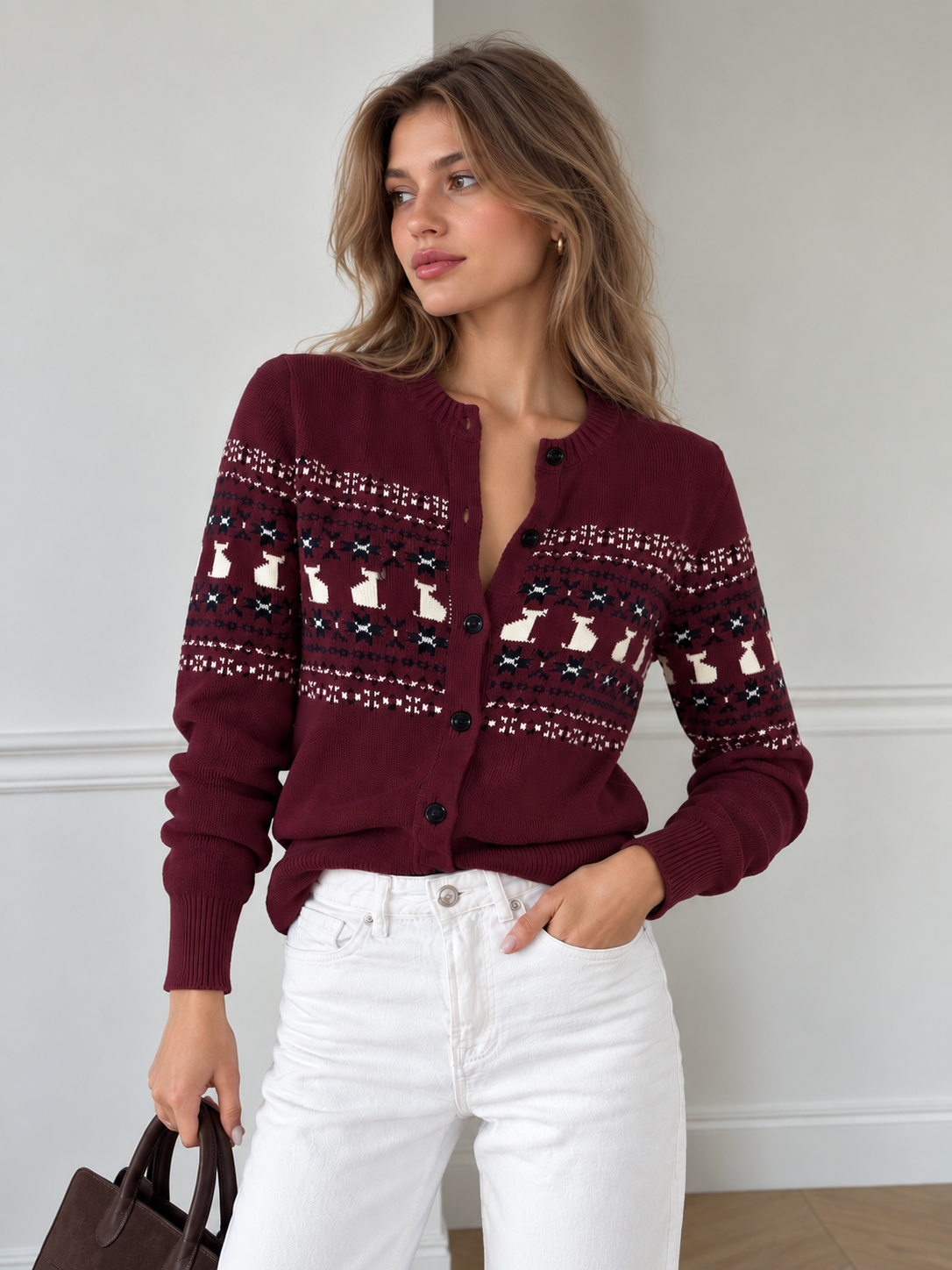 Cat Motif Fair Isle Knit Cardigan