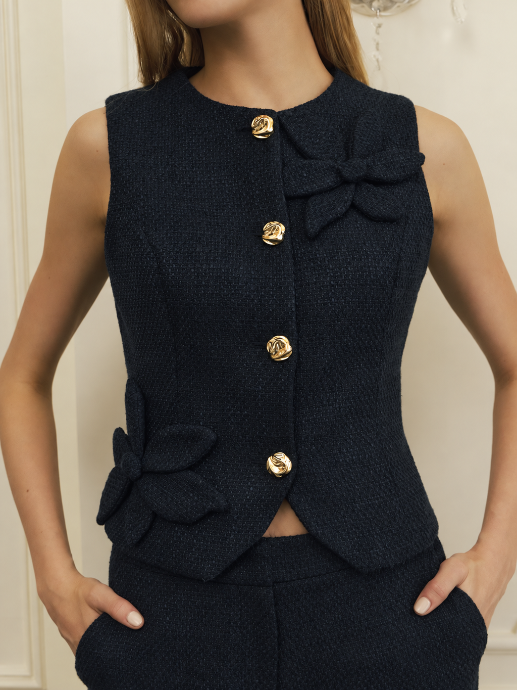 3D Floral Appliqué Tweed Metal Button Vest