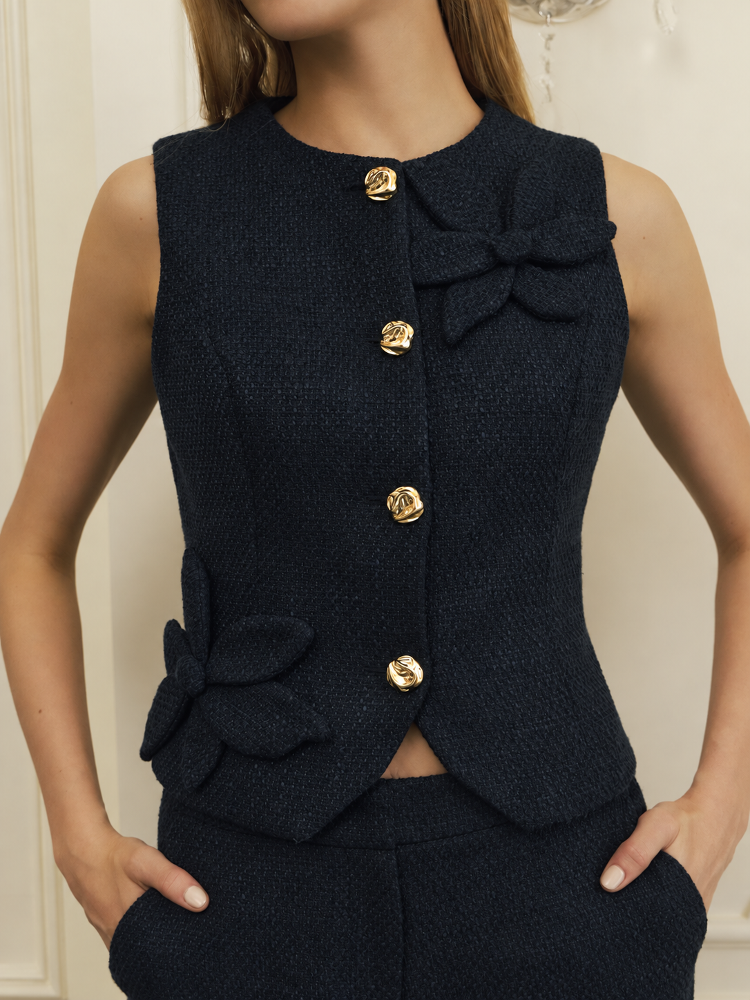 3D Floral Appliqué Tweed Metal Button Vest