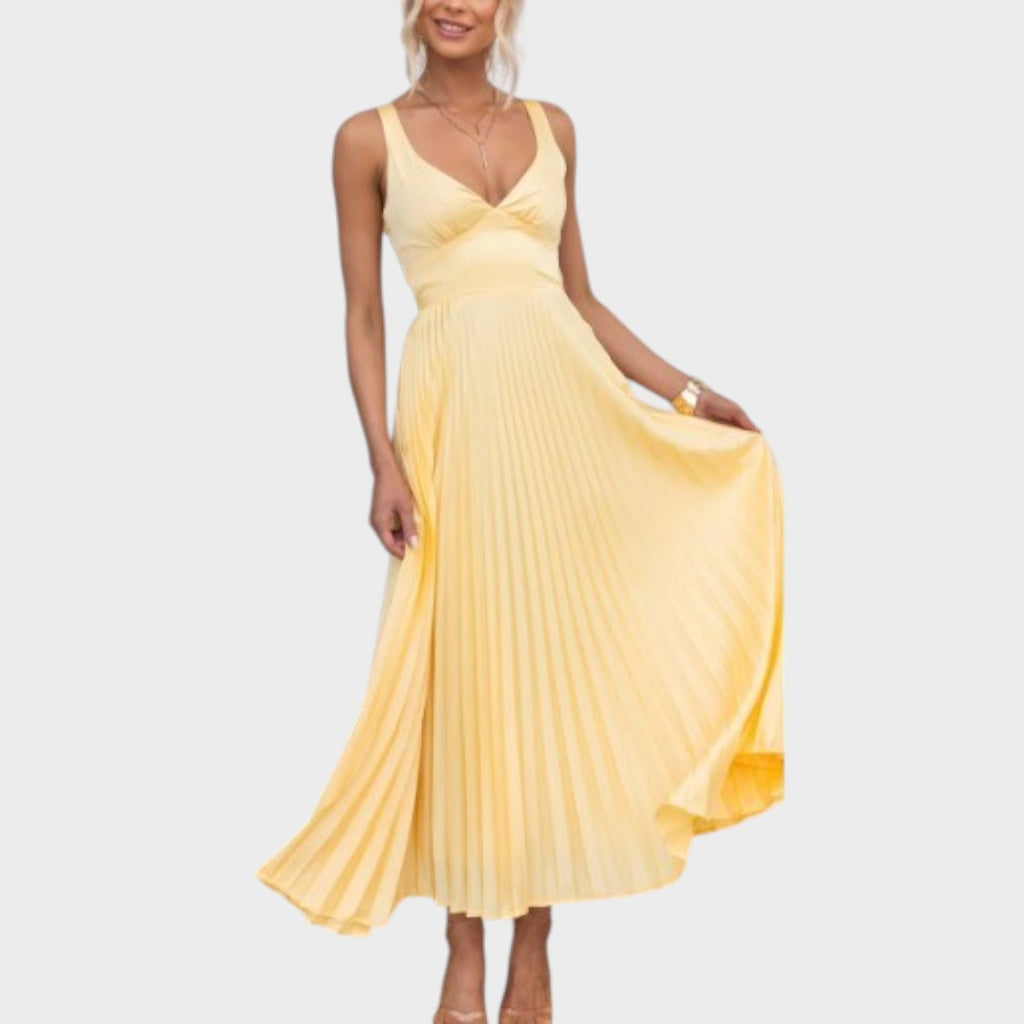 Noa | Pleated V-Neck Long Yellow Dress