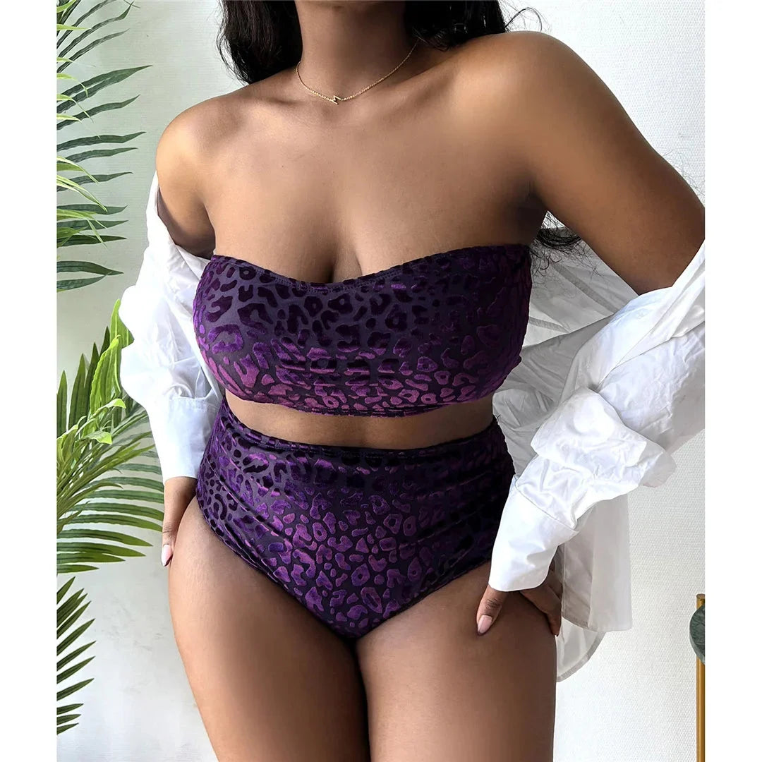 Biquini plus size sin hombros con estampado de leopardo
