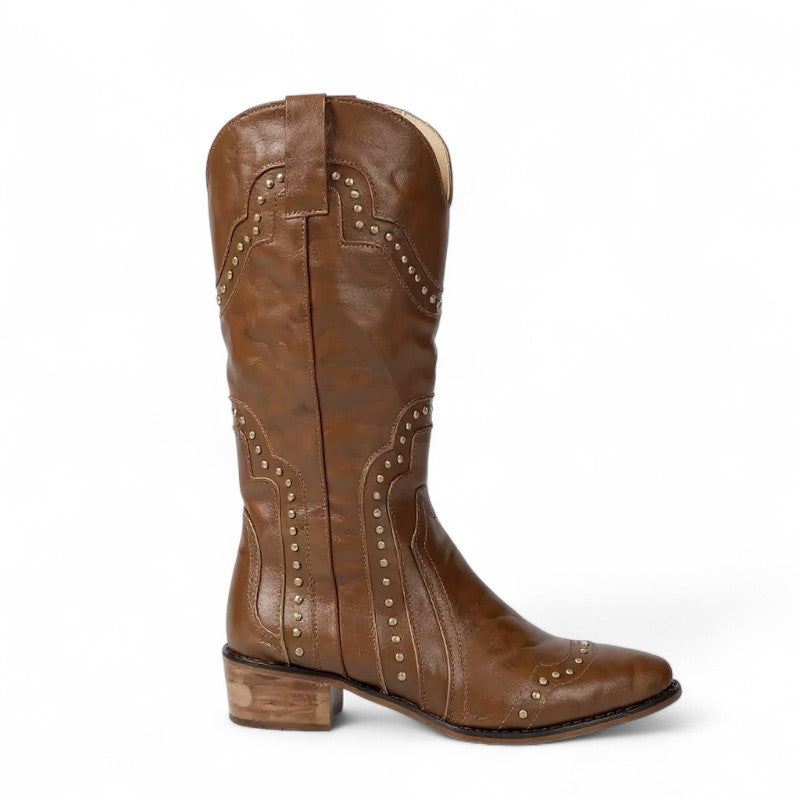 Malena - Bota Campera Vintage Con Tachuelas de Tacón Media Caña