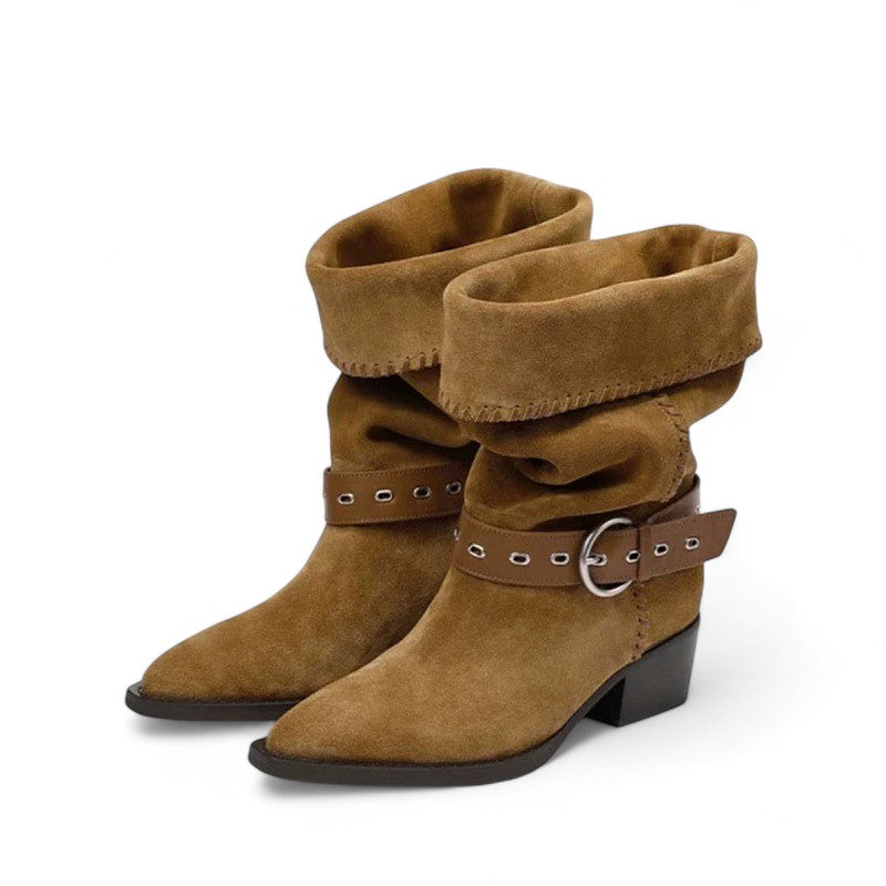 Ada - Bota Campera Botín de Caña Ancha con Hebilla para Mujer