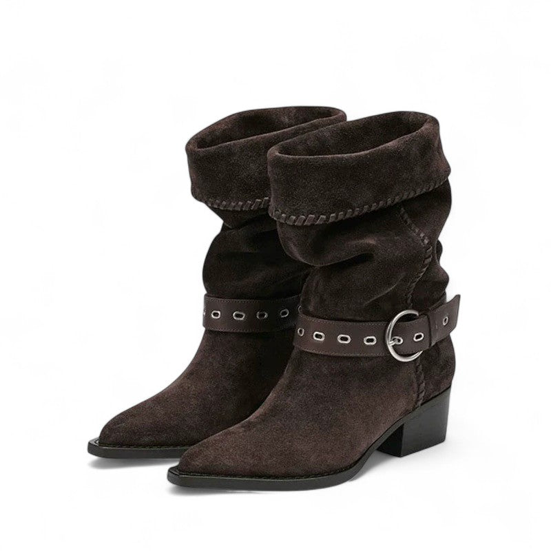 Ada - Bota Campera Botín de Caña Ancha con Hebilla para Mujer
