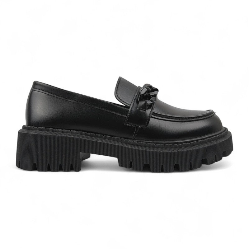 Teresa - Mocasín de Cuña Mujer Mate Negro Cadena