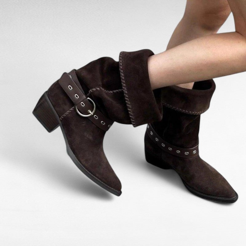 Ada - Bota Campera Botín de Caña Ancha con Hebilla para Mujer