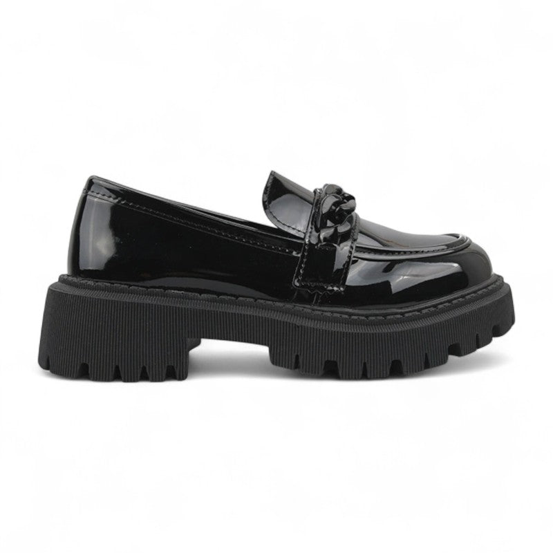 Teresa - Mocasines Mujer de Charol Negro Cadena de Cuña