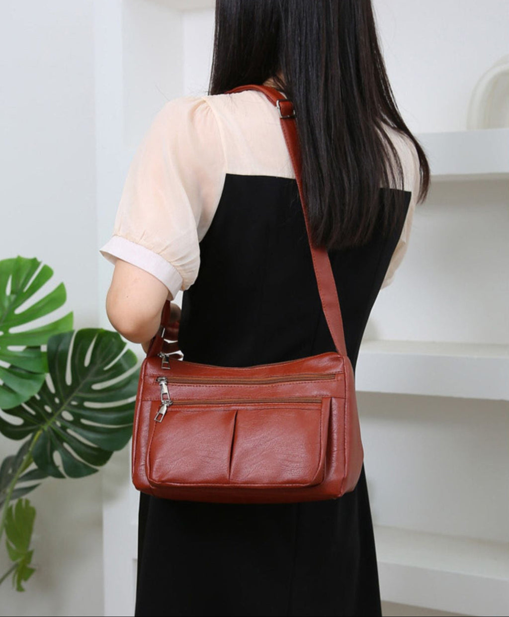 ANIA - Bolso de Piel Multibolsillos con Bandolera