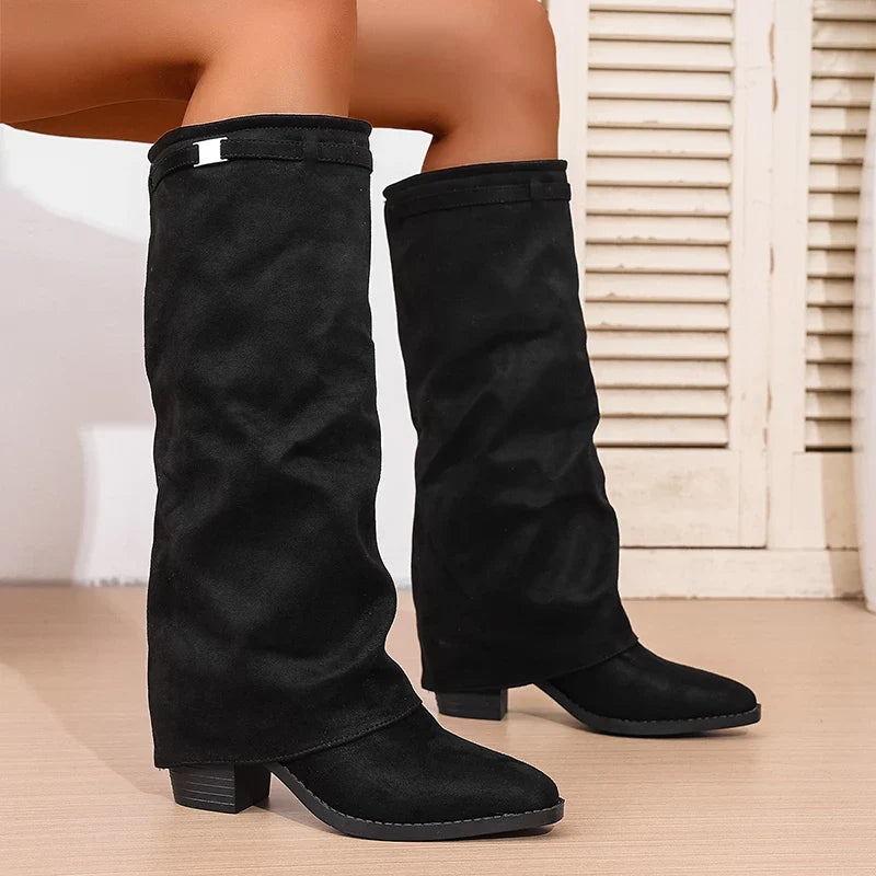 Carme - Bota Campera Larga de Tela de Dobladillo