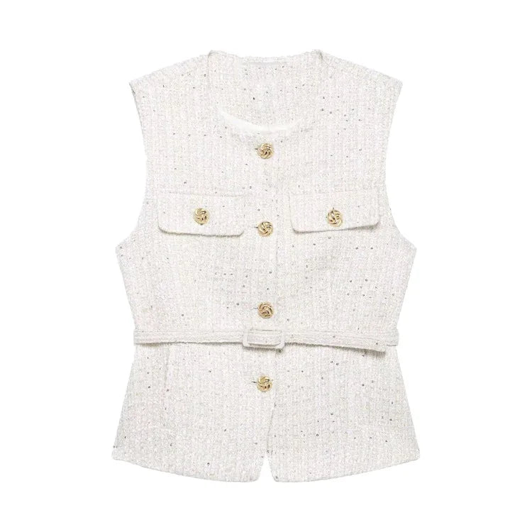 Chaleco de tweed con cinturón sin mangas