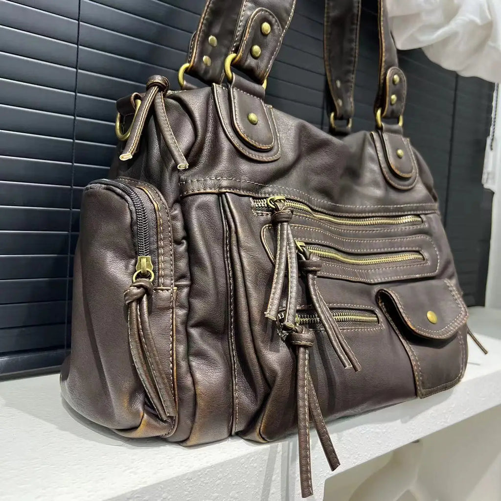 LILIA - Bolso de Piel Vintage Multibolsillos