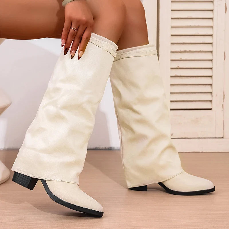 Carme - Bota Campera Larga de Tela de Dobladillo
