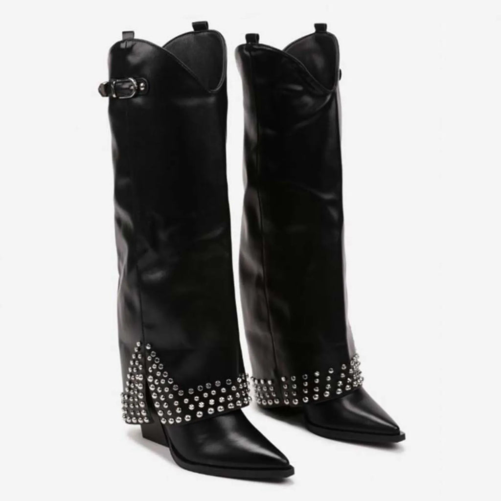Ema - Bota Campera Larga de Tacón y Remaches y Strass