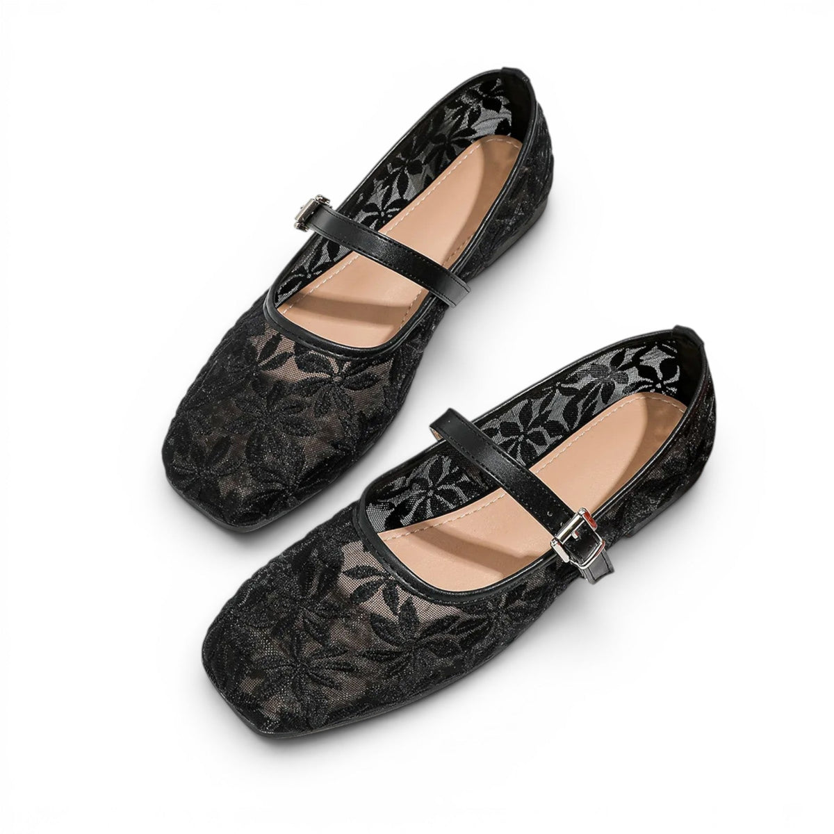 Élina - Sandalia Bailarina Plana Mujer Encaje Floral Elegante