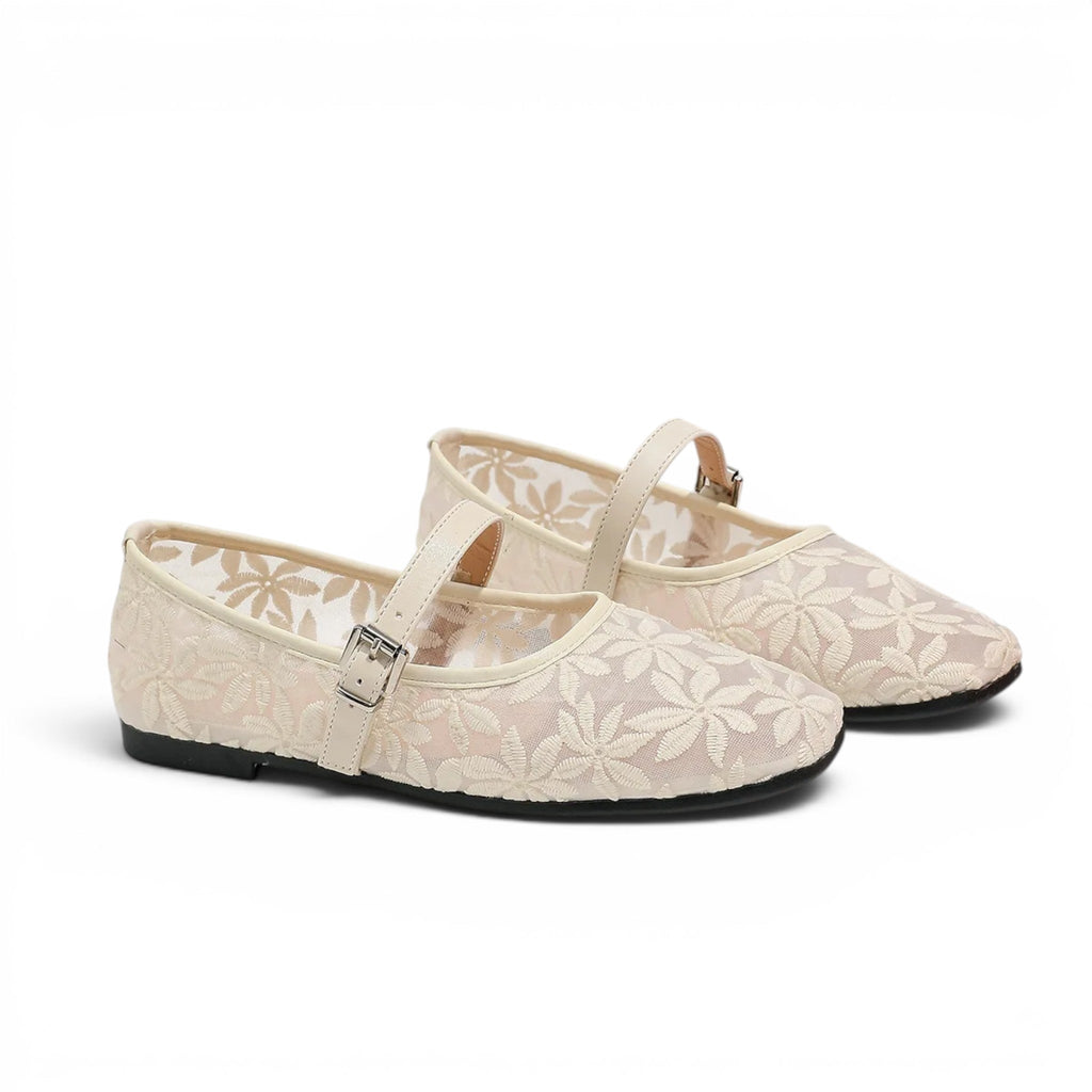 Élina - Sandalia Bailarina Plana Mujer Encaje Floral Elegante