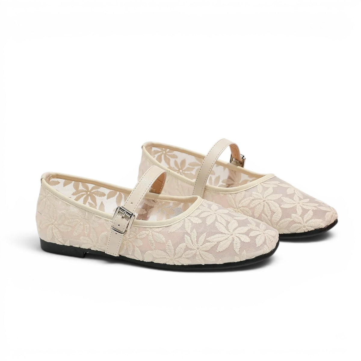 Élina - Sandalia Bailarina Plana Mujer Encaje Floral Elegante