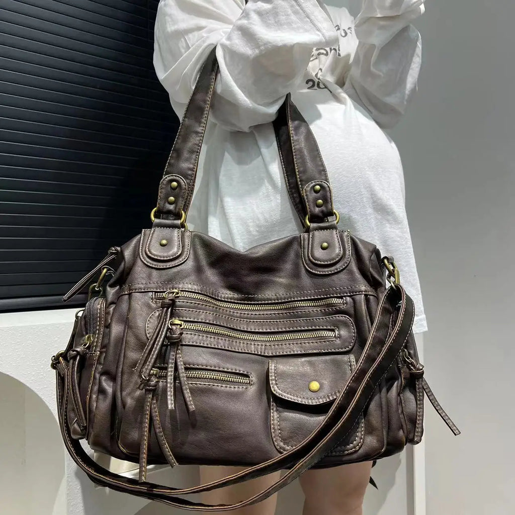 LILIA - Bolso de Piel Vintage Multibolsillos