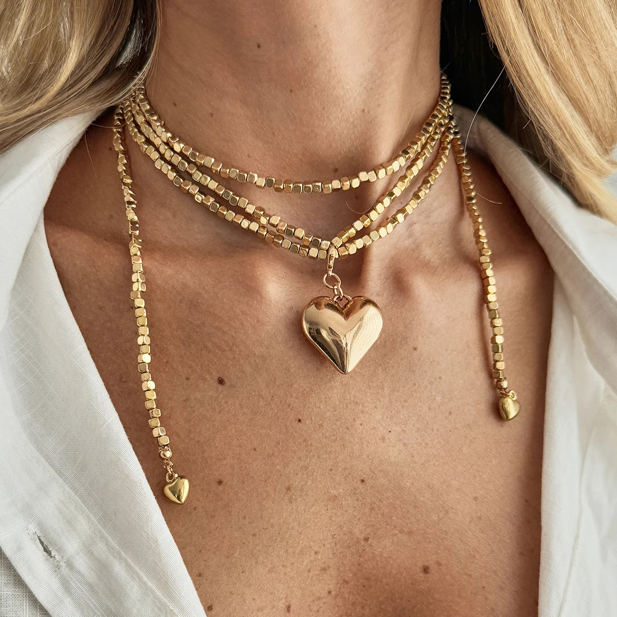 Collar con colgante de corazón y cadena de cuentas Vintage para mujer