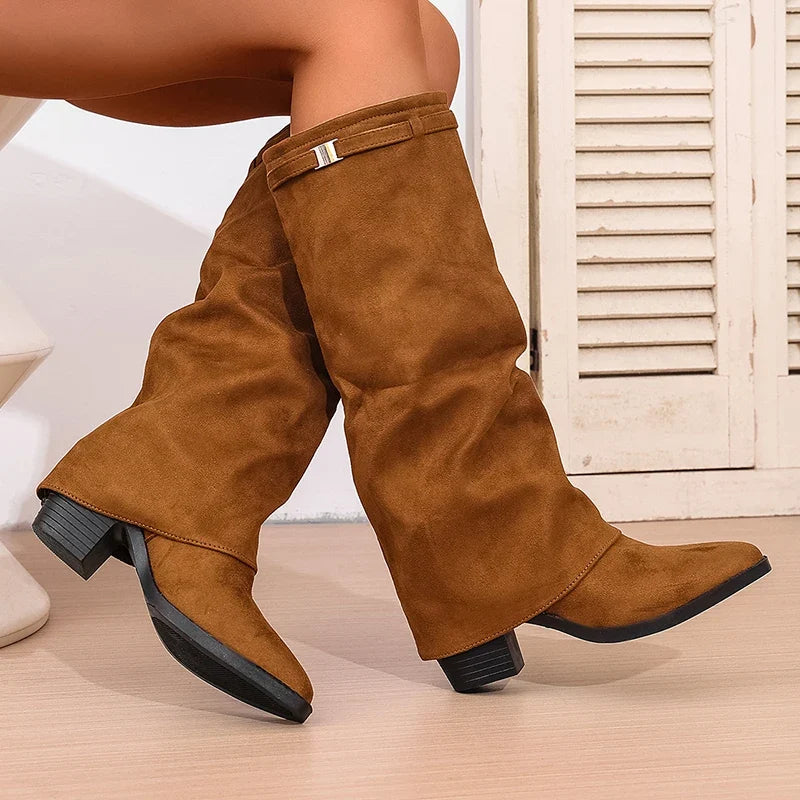 Carme - Bota Campera Larga de Tela de Dobladillo