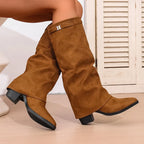 Carme - Bota Campera Larga de Tela de Dobladillo