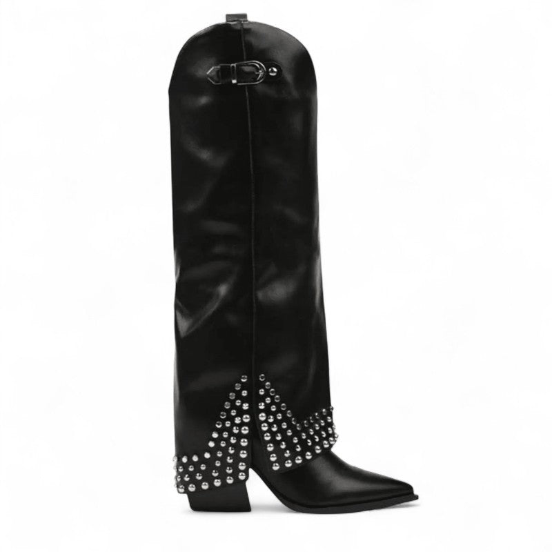Ema - Bota Campera Larga de Tacón y Remaches y Strass