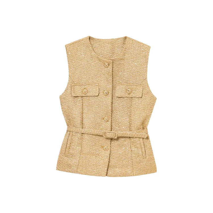 Chaleco de tweed con cinturón sin mangas