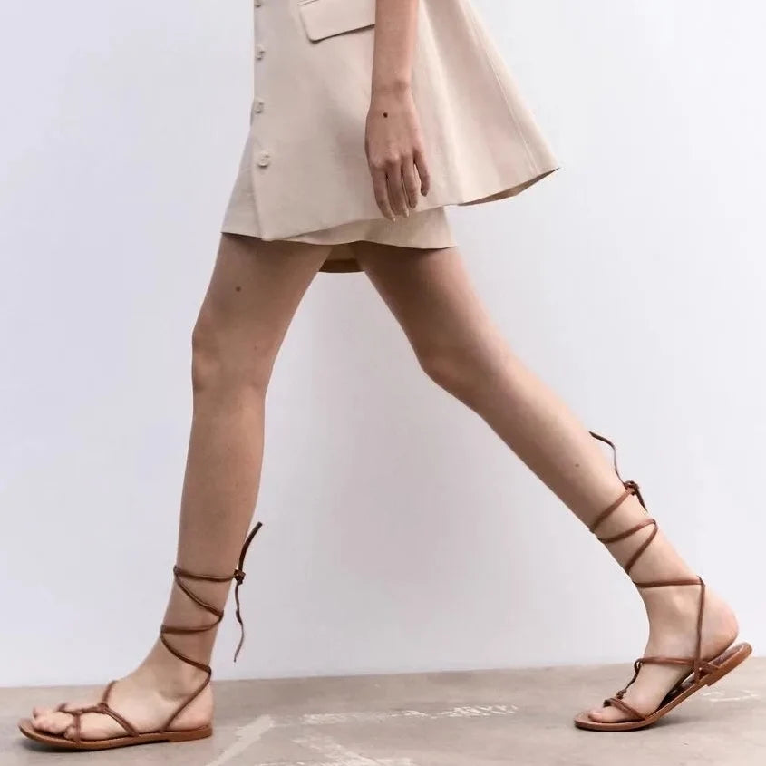 Giya - Sandalia Piel Mujer Cordones Estilo Gladiador Verano de Tendencia