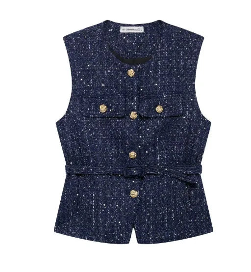 Chaleco de tweed con cinturón sin mangas