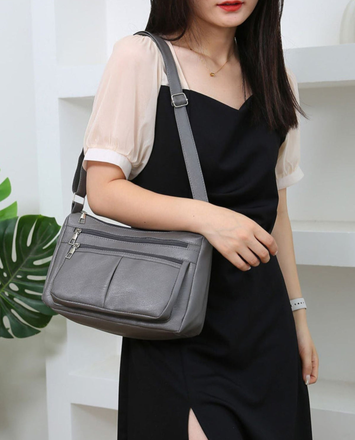 ANIA - Bolso de Piel Multibolsillos con Bandolera