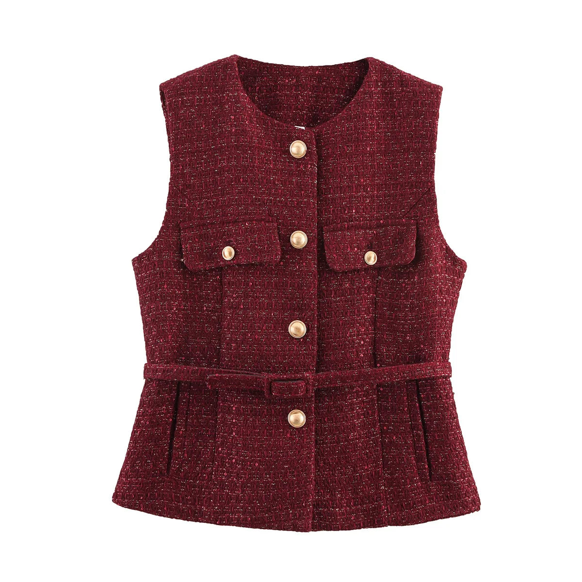 Chaleco de tweed con cinturón sin mangas