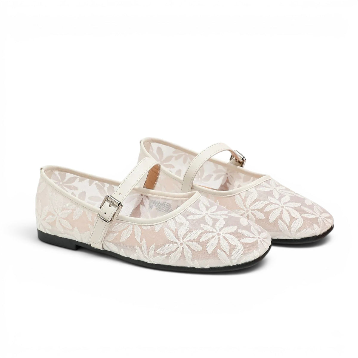 Élina - Sandalia Bailarina Plana Mujer Encaje Floral Elegante