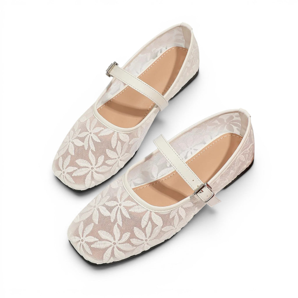 Élina - Sandalia Bailarina Plana Mujer Encaje Floral Elegante