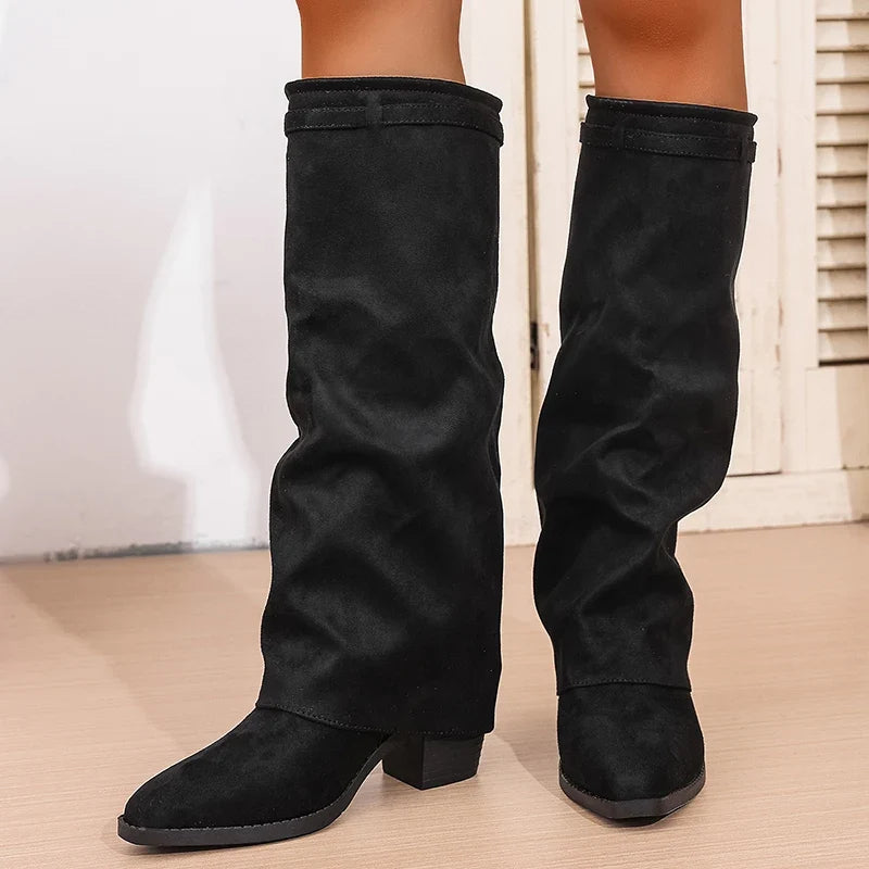 Carme - Bota Campera Larga de Tela de Dobladillo