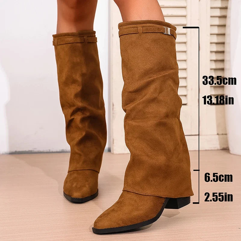 Carme - Bota Campera Larga de Tela de Dobladillo