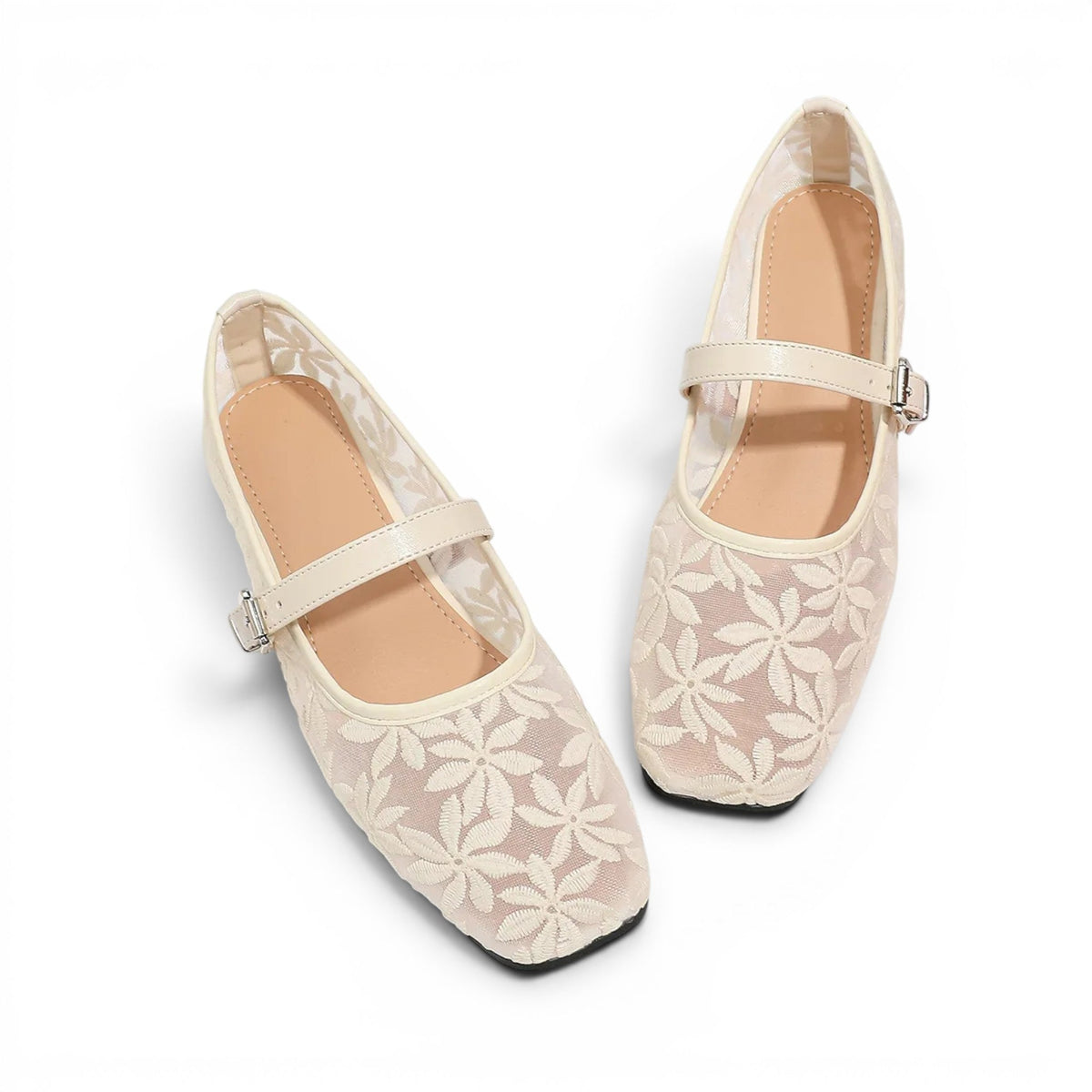 Élina - Sandalia Bailarina Plana Mujer Encaje Floral Elegante