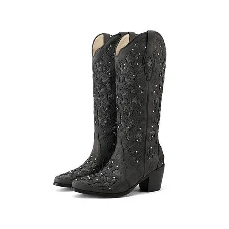 Gaby - Bota Campera Cowboy Retro con Cristales Brillantes para Mujer