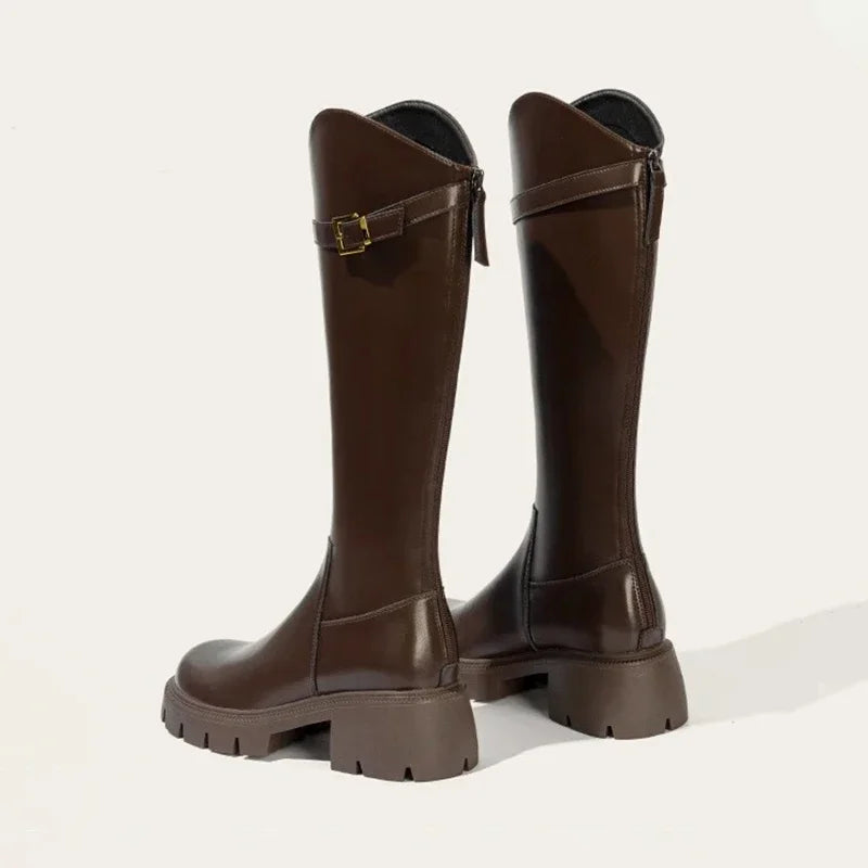 Halyn - Botas de Montar Mujer Tacón Grueso con Hebilla Dorada