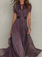 Florbela | Robe longue en mousseline de soie violette à dentelle et décolleté goutte vintage
