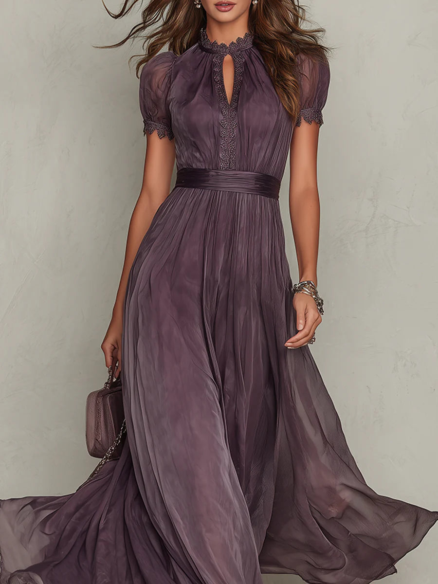 Florbela | Robe longue en mousseline de soie violette à dentelle et décolleté goutte vintage
