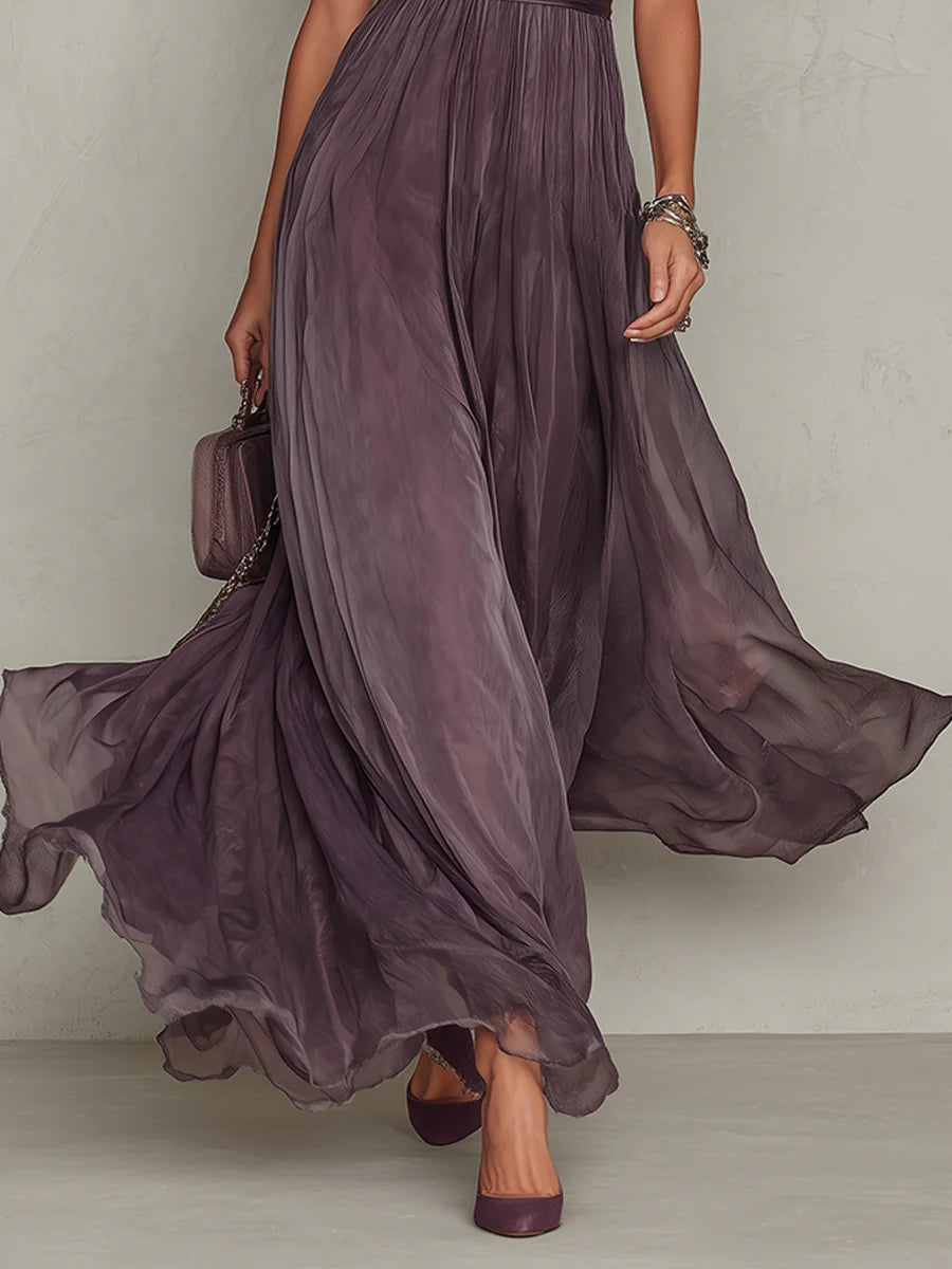 Florbela | Robe longue en mousseline de soie violette à dentelle et décolleté goutte vintage